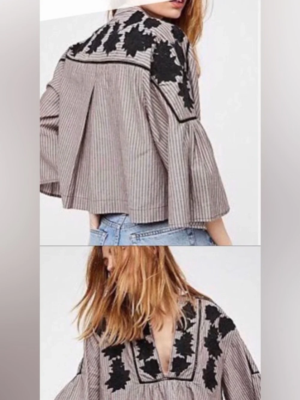 LIKE NEW free people Embroidered V-Neck Striped Peasant Top - Black Embroidery